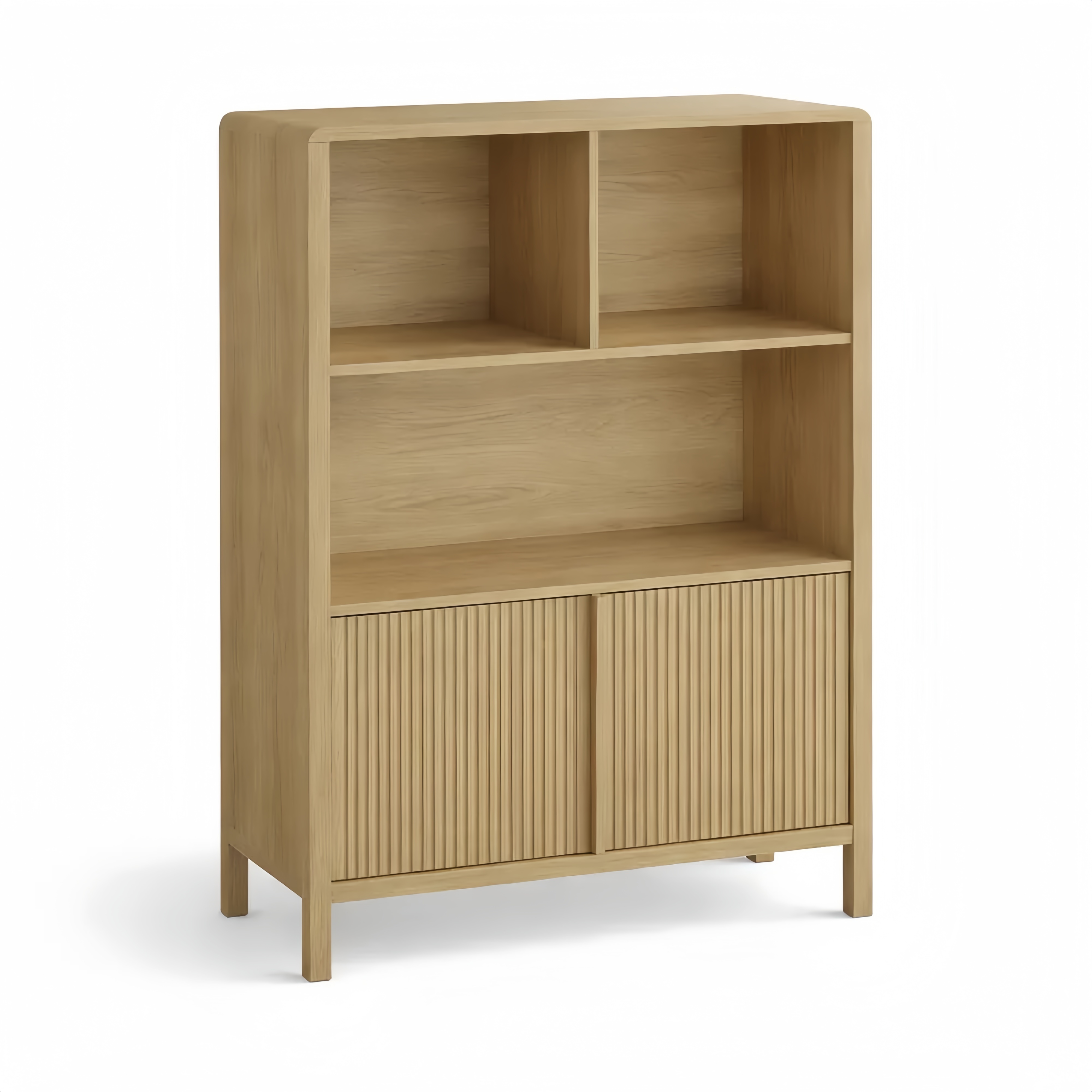 Credenza bassa con ante e scomparti aperti, effetto rovere rustico