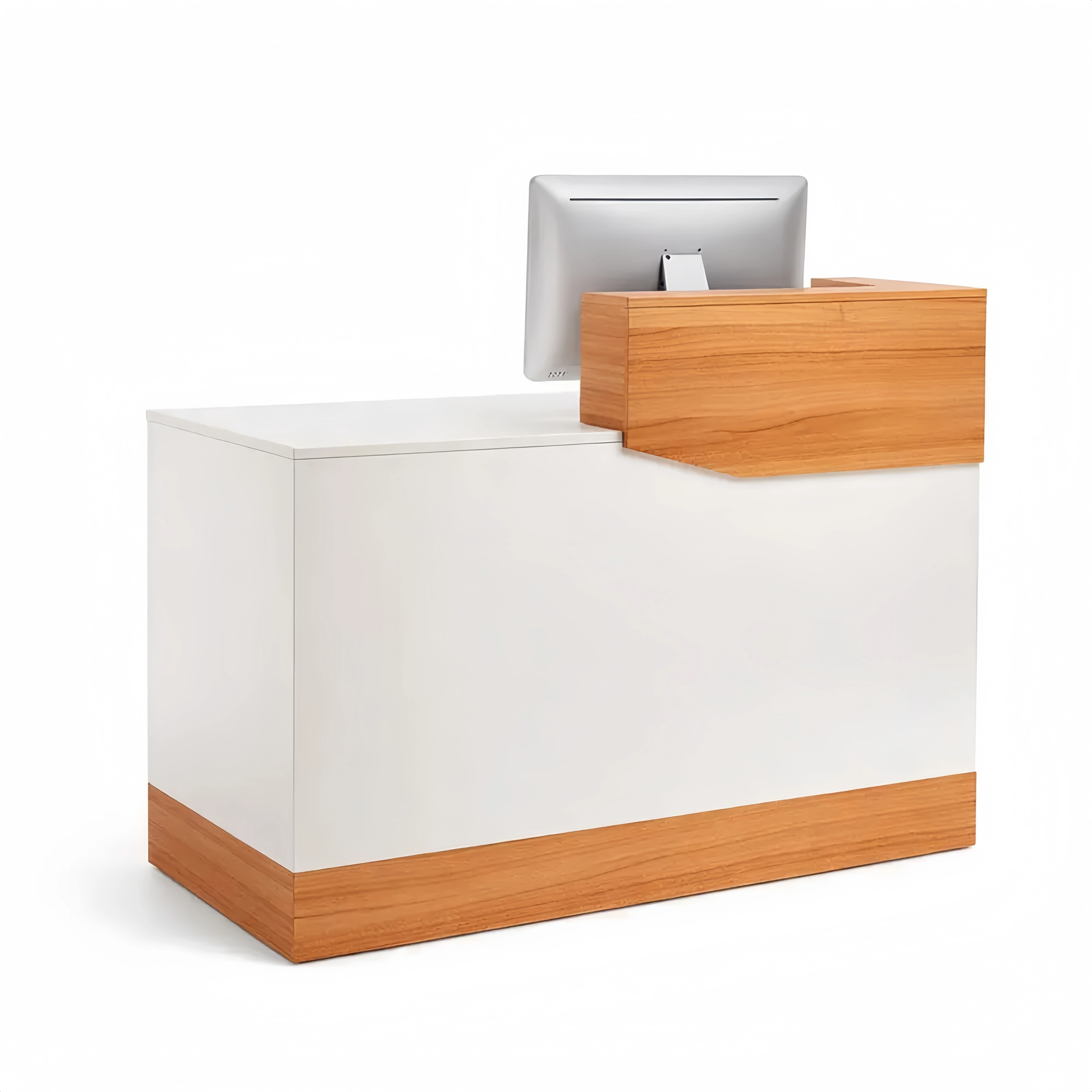 Bancone reception moderno con finitura in legno e dettagli bianchi, ideale per negozi e minimarket