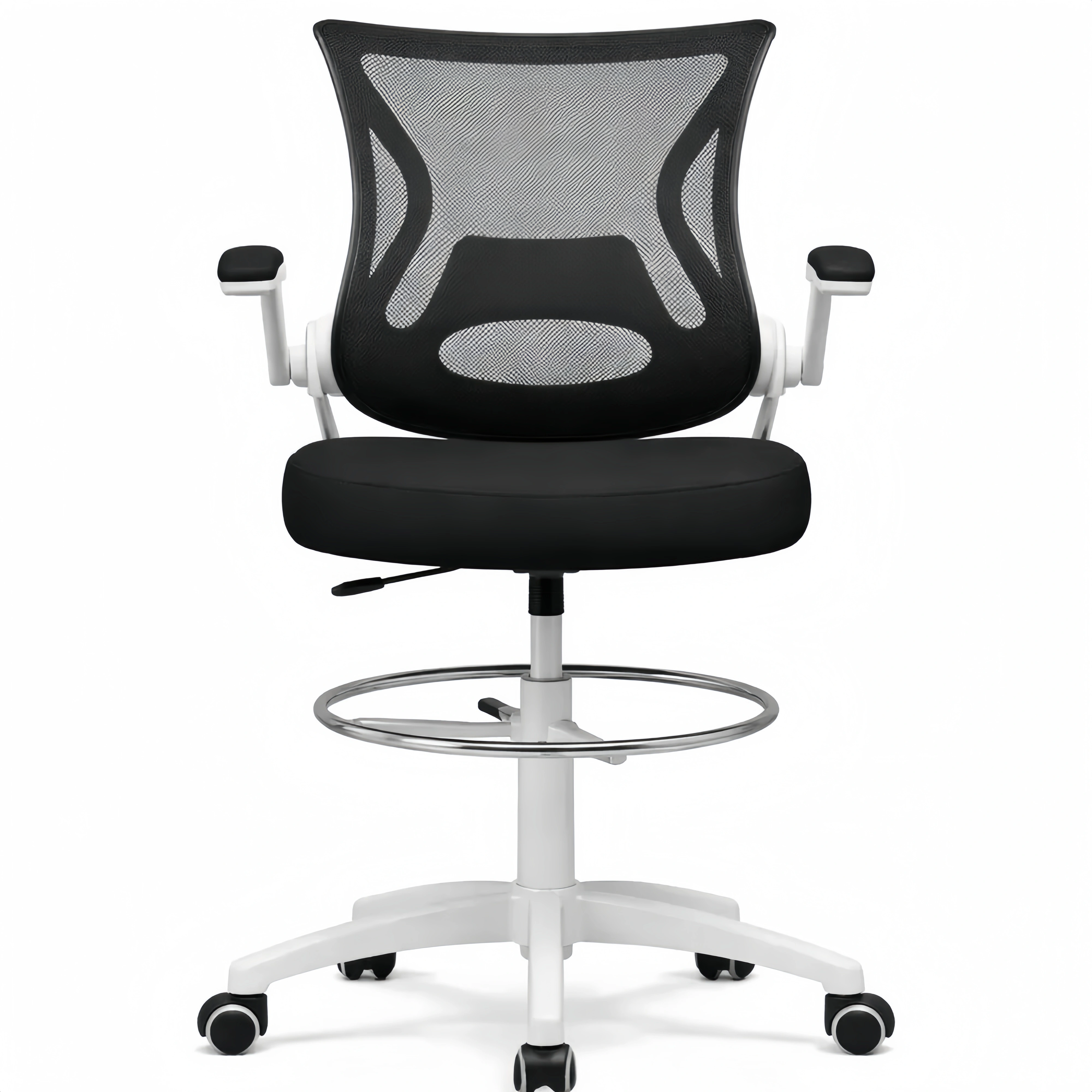 Sedia Ergonomica da Ufficio in Tessuto Traspirante con Altezza Regolabile e Braccioli Ribaltabili, 59x65x110-130 cm, Bianca e Nera