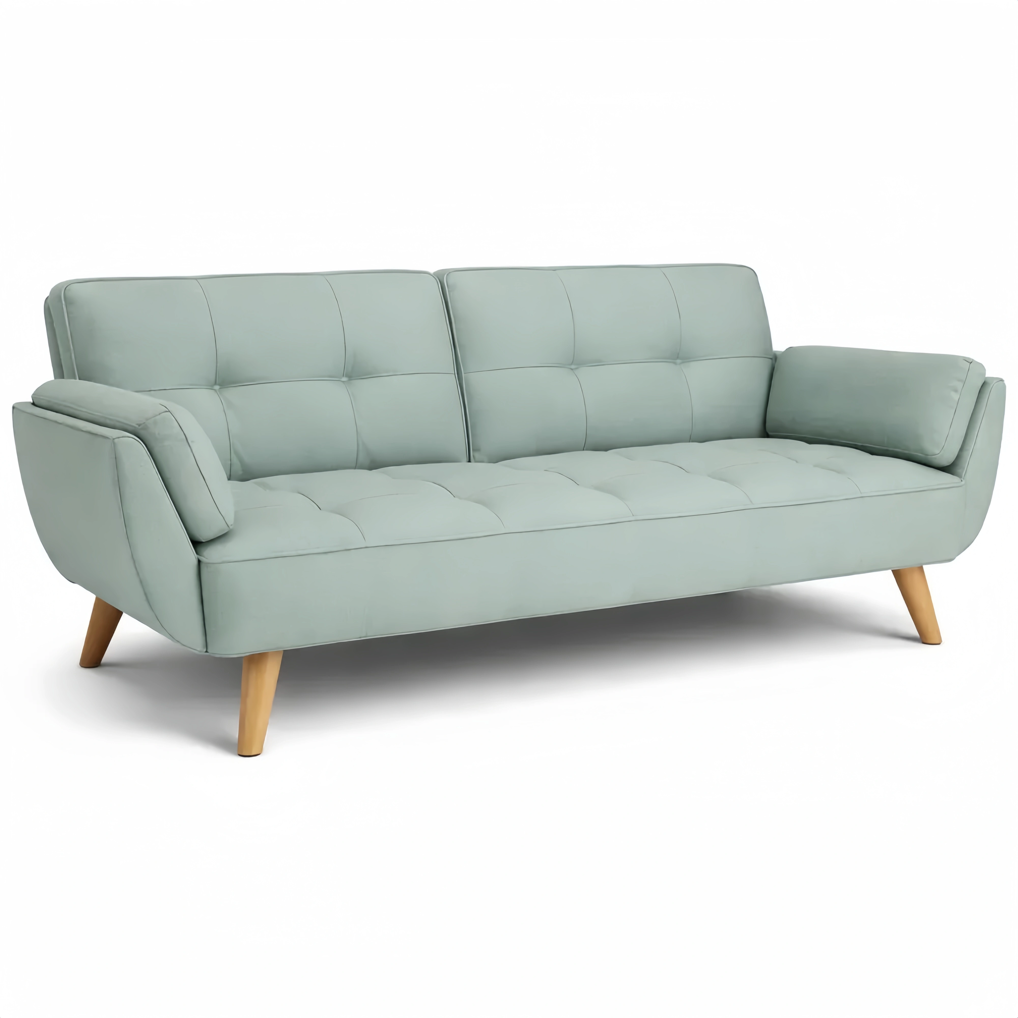 Divano Letto in Tessuto Verde Tiffany a 3 Posti con Piedi in Legno Naturale