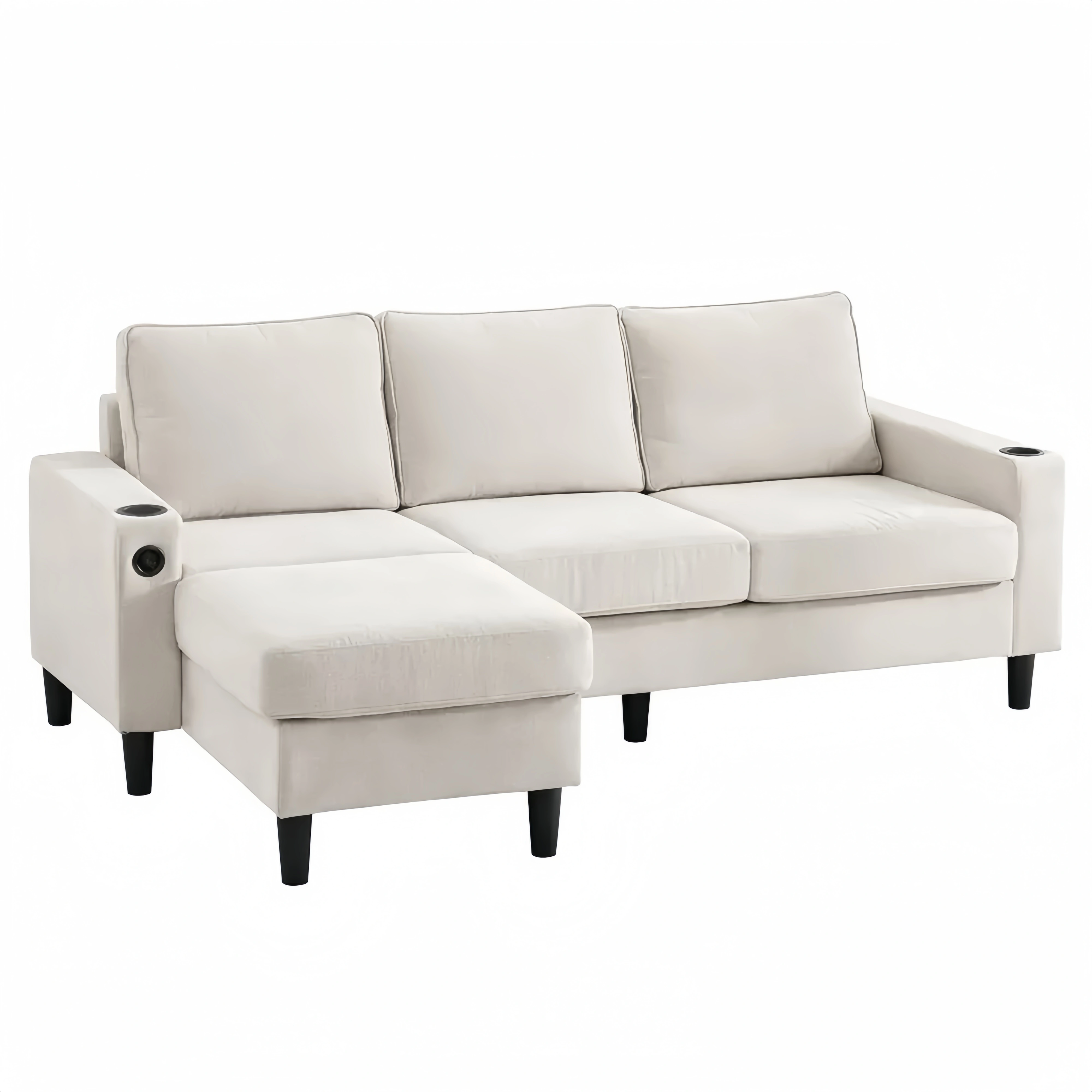 Divano ad angolo a L con porte USB e Type-C e portabicchieri, ideale per soggiorno e camera