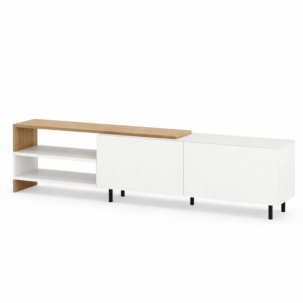 Meuble TV Design Moderne avec Rangements, pour Télévision jusqu'à 80 Pouces, Pieds Métalliques, Blanc et Naturel