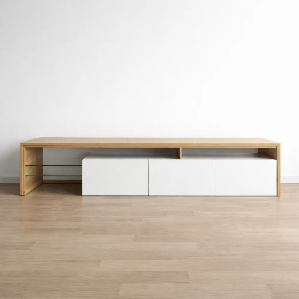 Meuble TV avec éclairage LED et étagères en verre pour salon