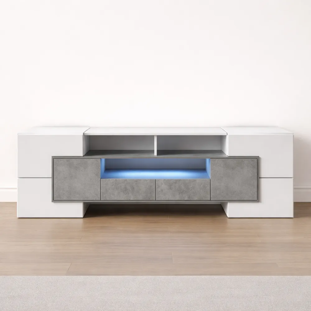 Meuble TV Moderne avec Éclairage LED et Espace de Rangement