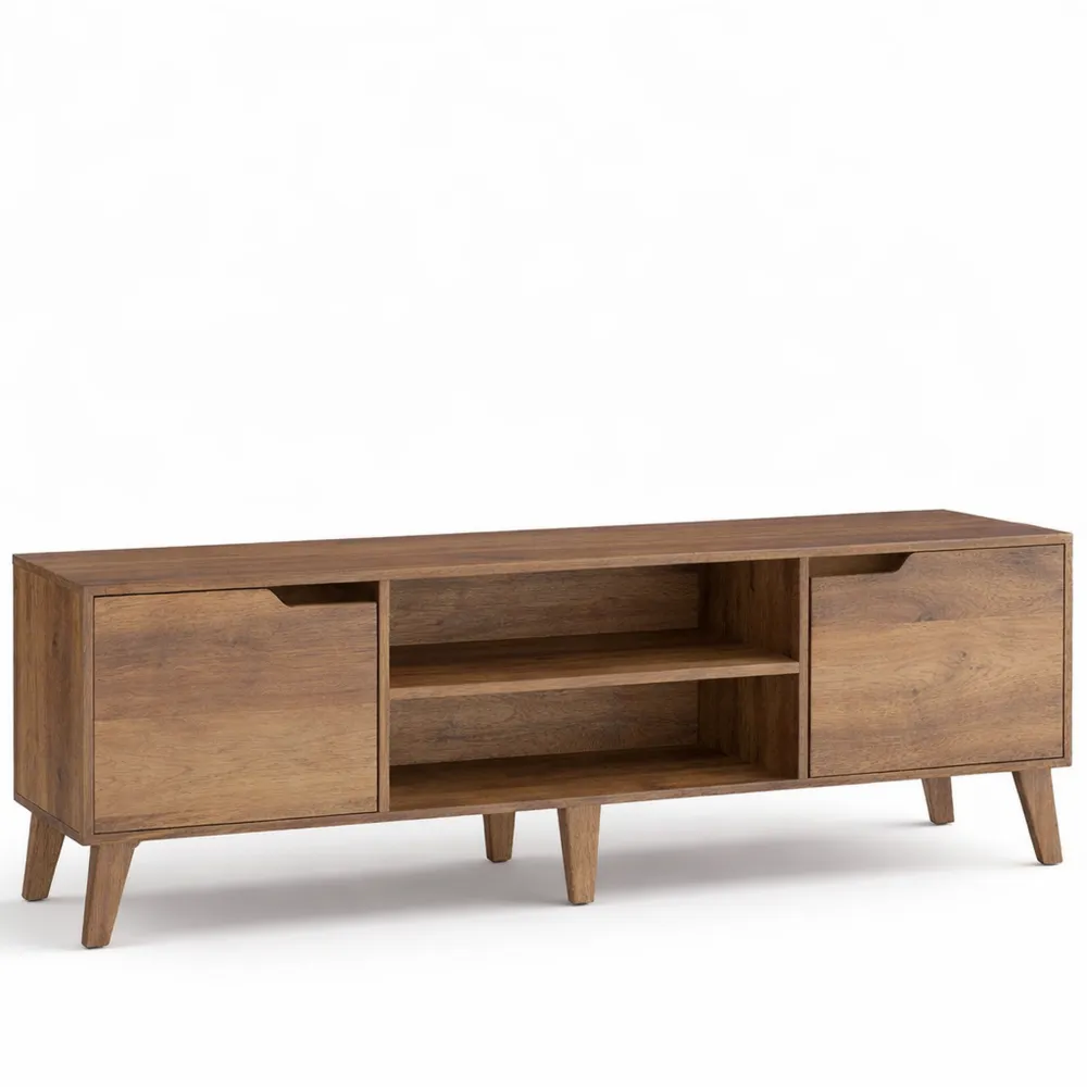 Support TV avec étagère réglable pour télévisions jusqu'à 65 pouces, longueur 147 cm, style transitionnel, marron miel