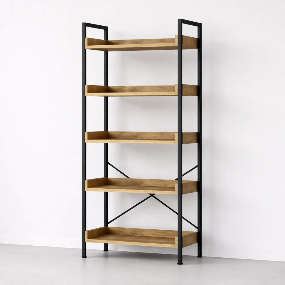 Étagère à 5 niveaux en bois avec cadre en acier et crochets