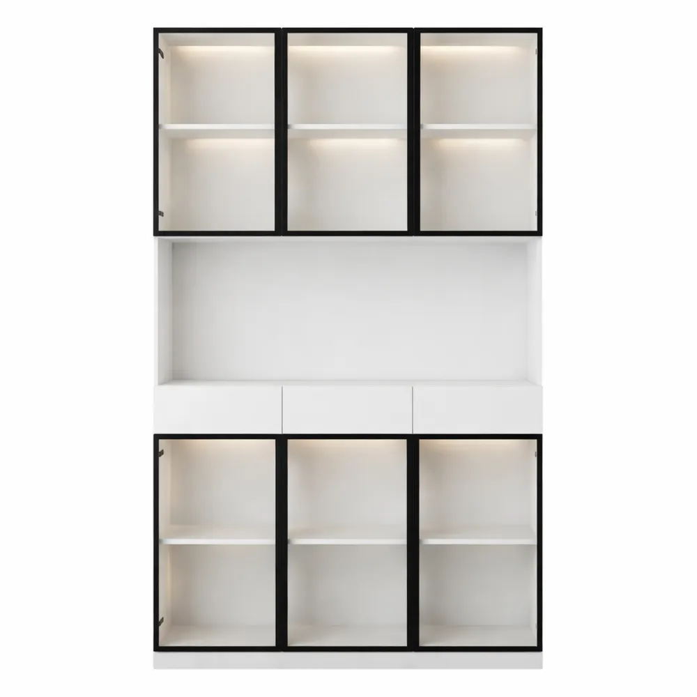 Grande armoire moderne avec éclairage LED et espace de travail intégré, 6 portes vitrées, 3 tiroirs et étagères ajustables, 200 cm - idéale pour bureau ou chambre