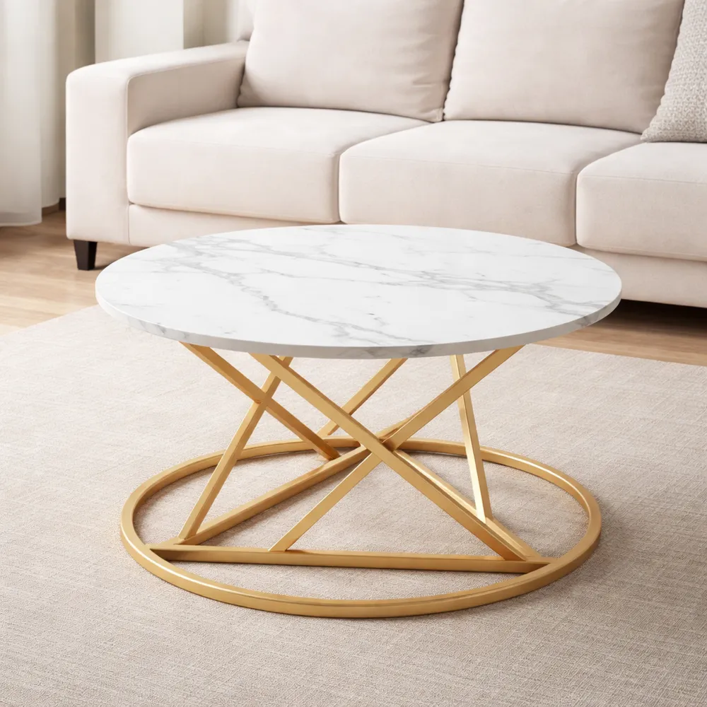Table Basse Ronde Imitation Marbre, Cadre Métal Doré, Meuble de Salon