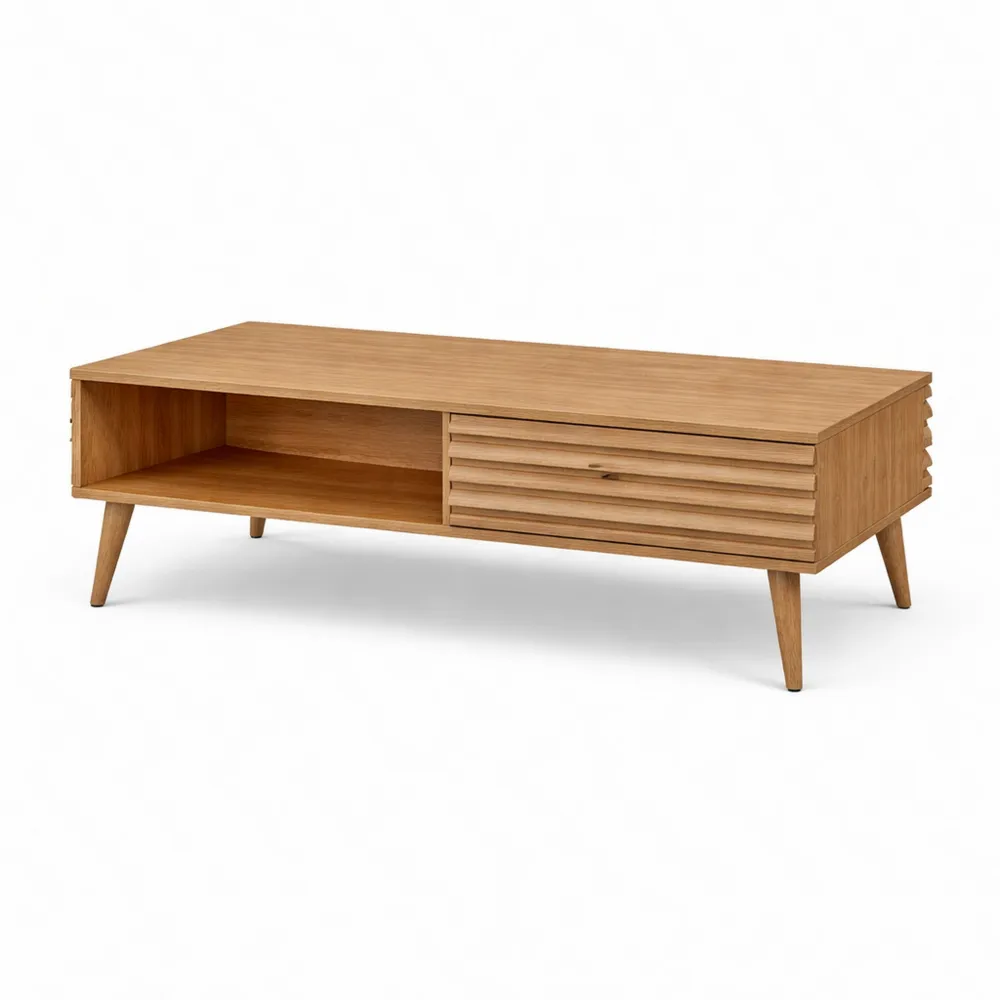 Table basse scandinave avec portes coulissantes et espace de rangement