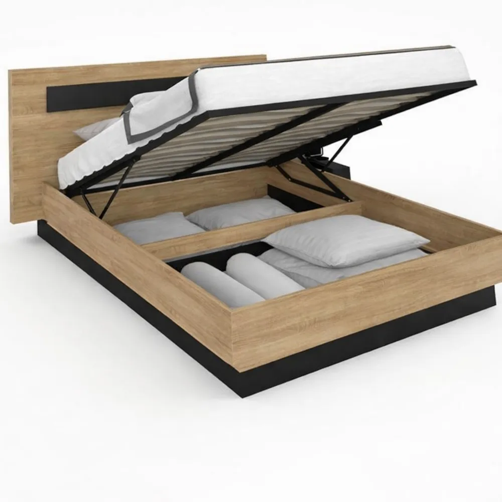 Lit double avec rangement et tables de chevet intégrées, 140 x 190 cm, bois et noir