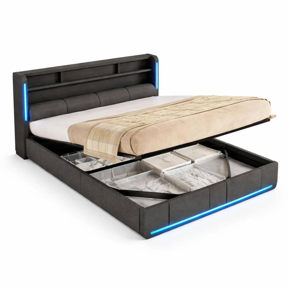 Lit double coffre 140x190 avec éclairage LED et étagères