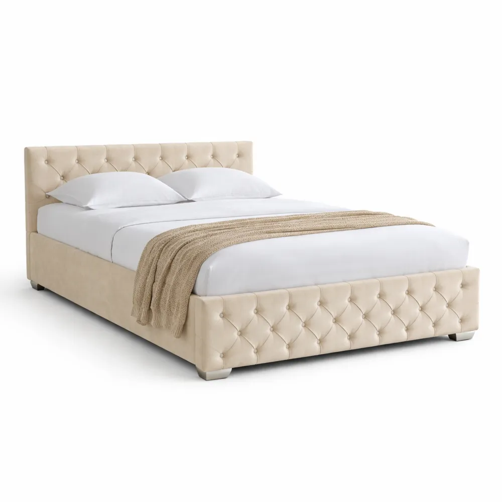 Lit Coffre en Velours Doux 140x190 cm, Blanc Crème, Design Épuré avec Sommier