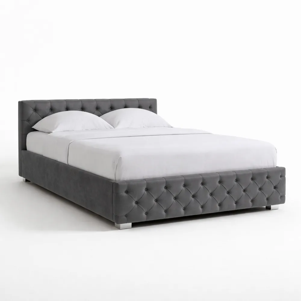 Lit Coffre Rembourré 160x200 cm Gris Foncé en Velours