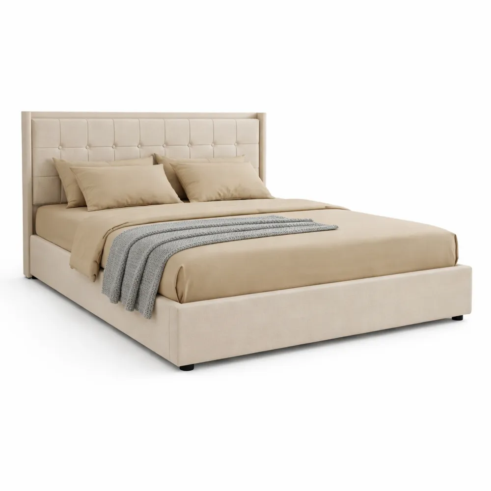 Lit Double avec Rangement 160x200 cm, Blanc, Tête de Lit Capitonnée