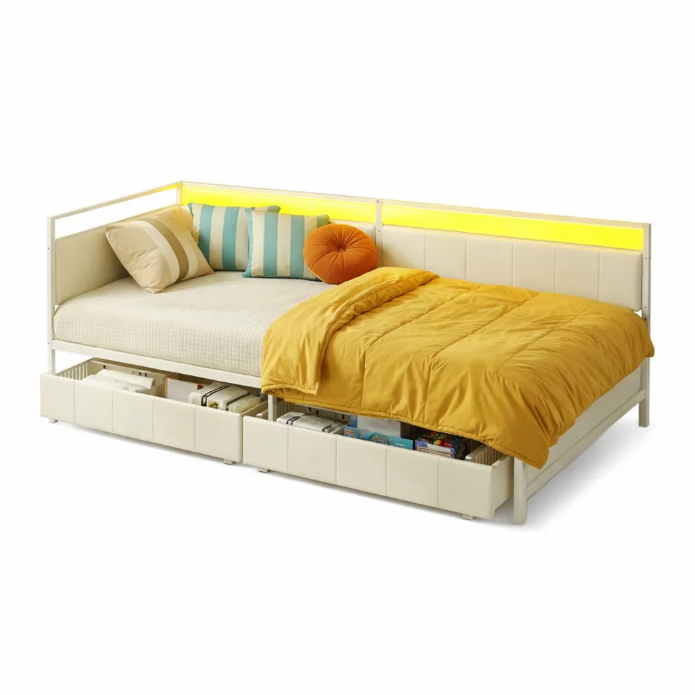 Lit une place avec tiroirs et LED, tissu rembourré, port USB, sommier métallique