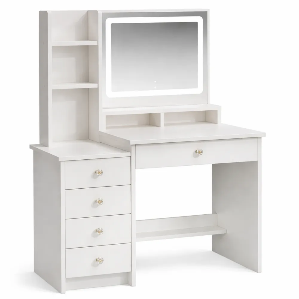 Table de Maquillage avec Miroir et 5 Tiroirs pour Rangement Optimal