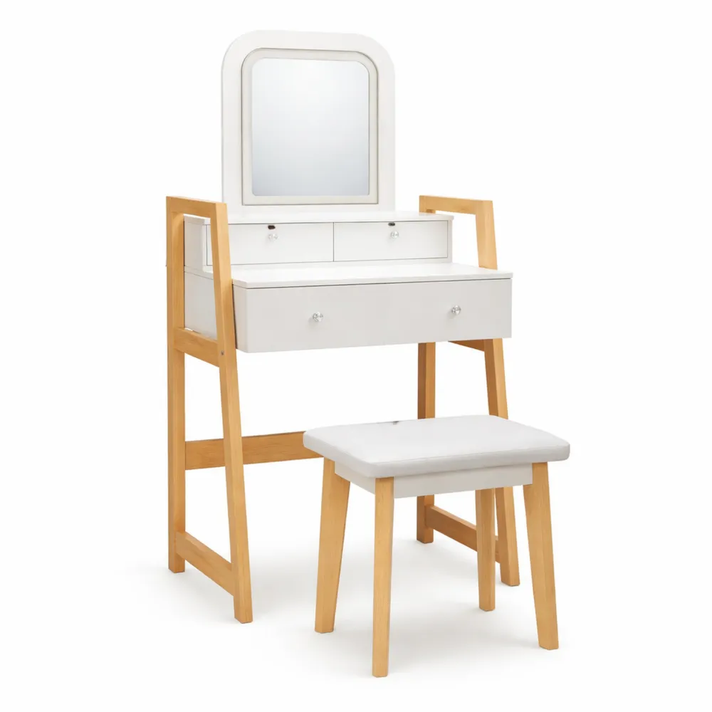 Table de maquillage à deux niveaux avec tiroirs et miroir réglable