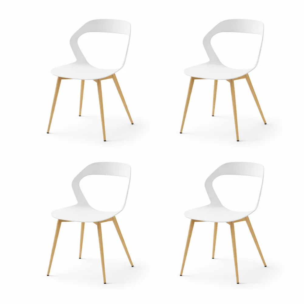Ensemble de 4 chaises modernes pour salle à manger, design sculpté avec dossier, pieds en métal naturel, blanc