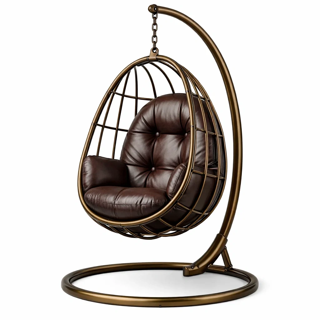 Eiförmiger hängesessel mit gestell aus stahl mit kunstlederkissen braun-dwellvelvet