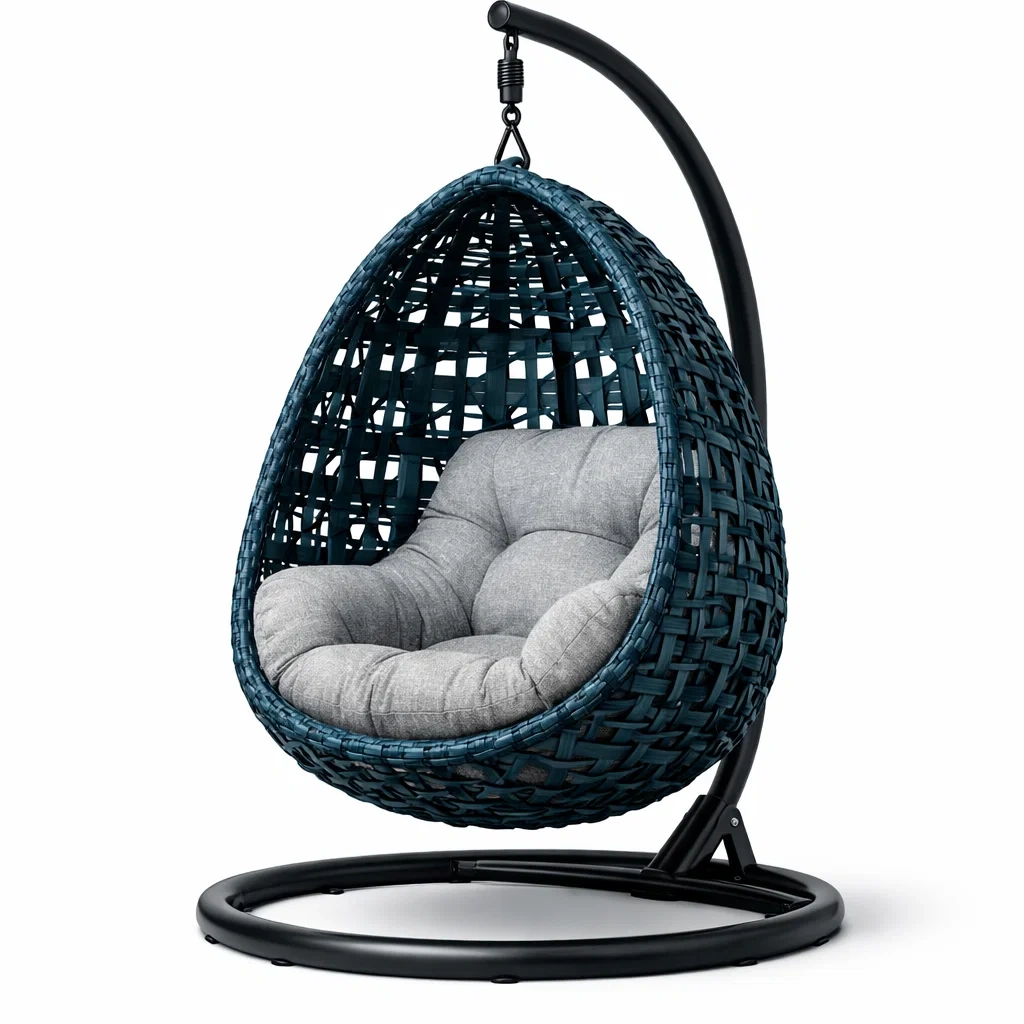 Eiförmiger hängesessel mit gestell aus polyrattan und stahl mit polyester dunkelblau-dwellvelvet