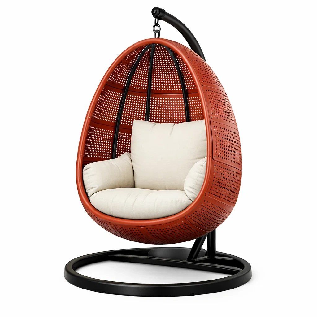 Eiförmiger hängesessel mit gestell aus stahl und pe rattan mit kissen beige-dwellvelvet