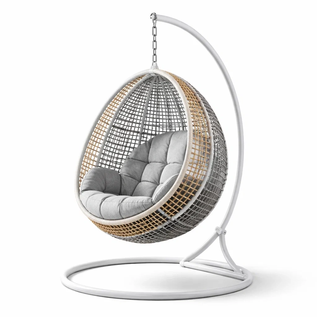 Eiförmiger hängesessel mit gestell aus polyrattan oval grau beige mit stahlgestell-dwellvelvet