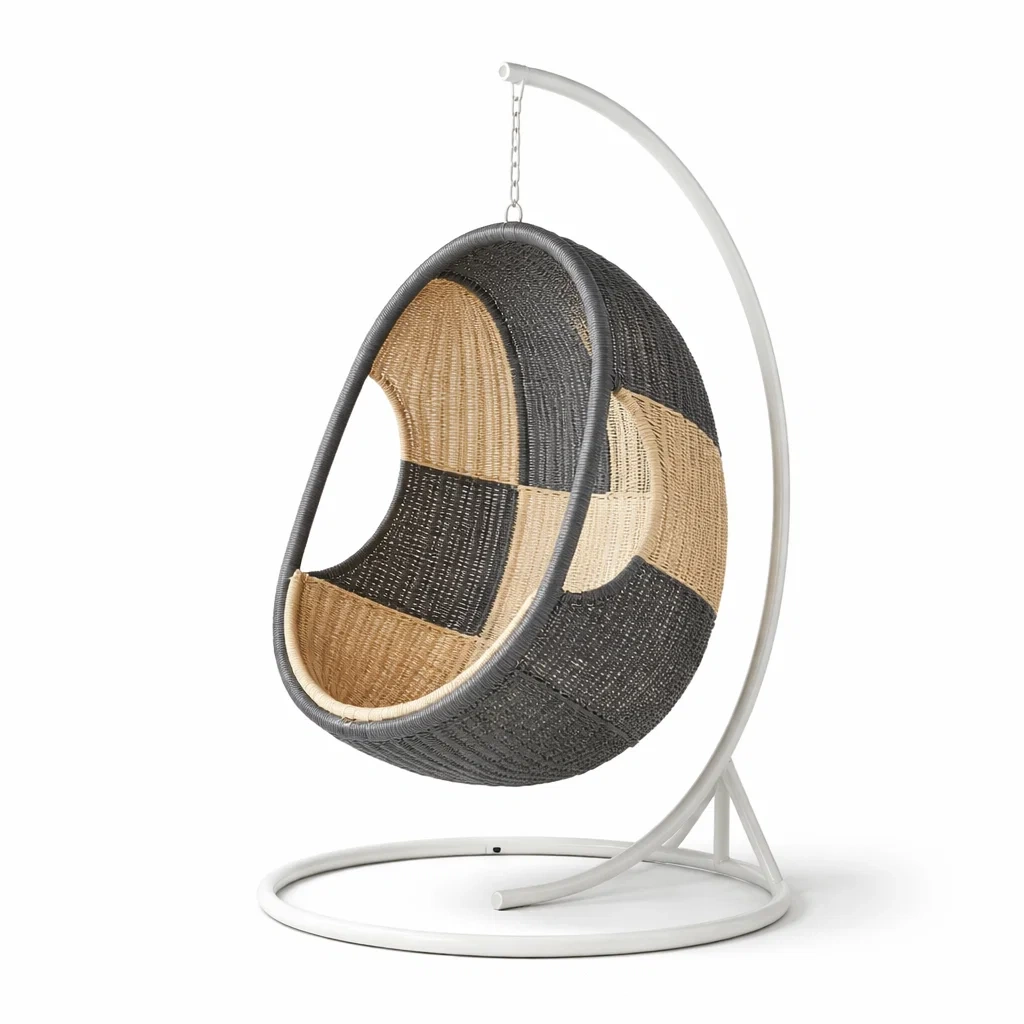 Eiförmiger hängesessel mit gestell aus rattan grau natur mit stahlgestell-dwellvelvet