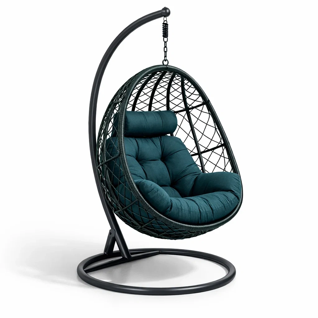 Eiförmiger hängesessel mit gestell aus polyrattan dunkelgrün mit metallgestell-dwellvelvet