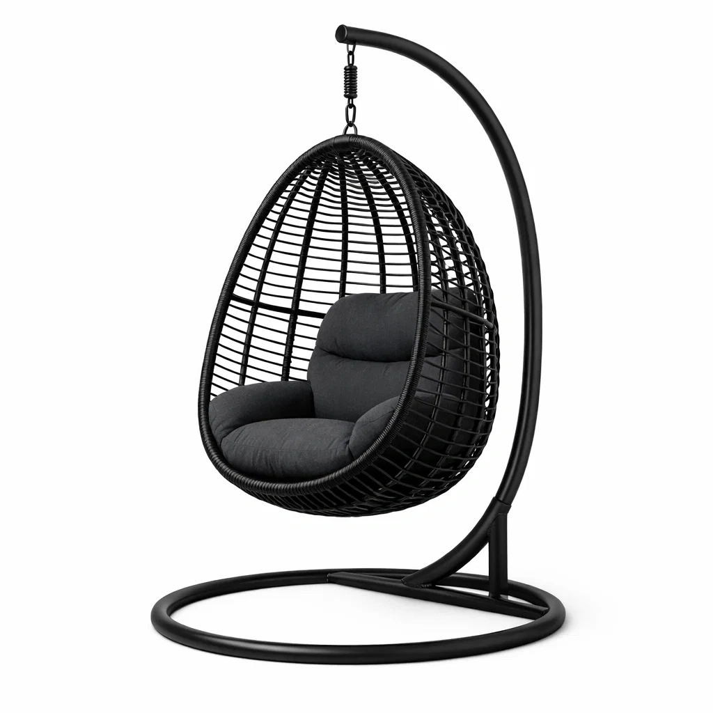 Eiförmiger hängesessel mit gestell aus polyrattan schwarz mit stahlgestell-dwellvelvet