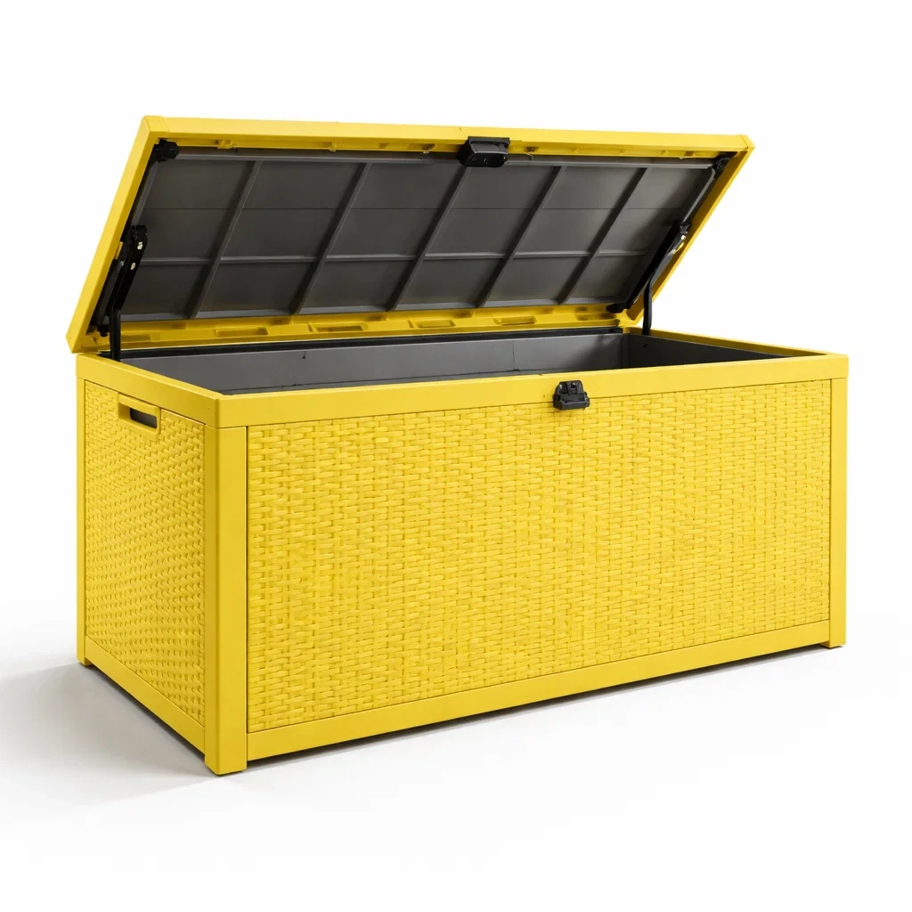 Gartenaufbewahrungsbox aus kunststoff in rattanoptik gelb 117x45x57 cm-dwellvelvet