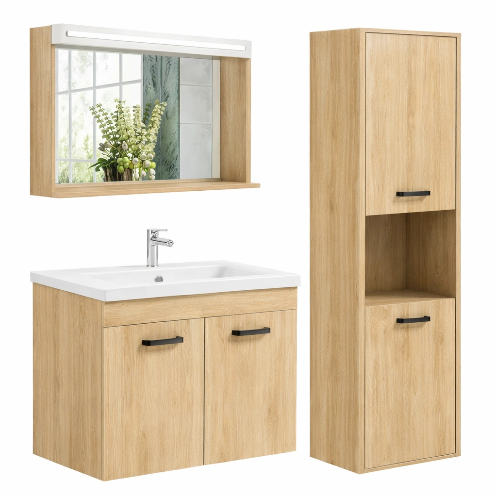 Ensemble meuble salle bain bois clair miroir colonne-Rovtrix
