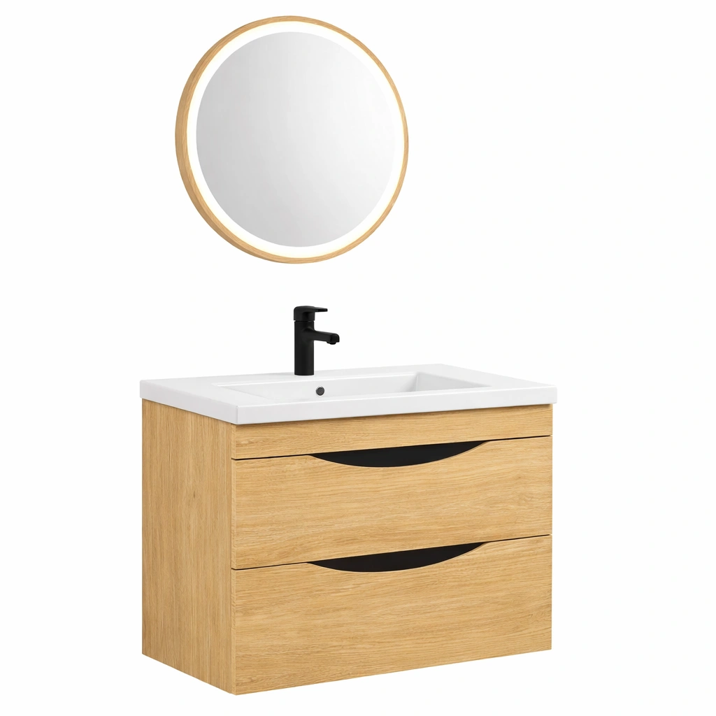 Meuble salle bain suspendu deux tiroirs bois clair-Rovtrix