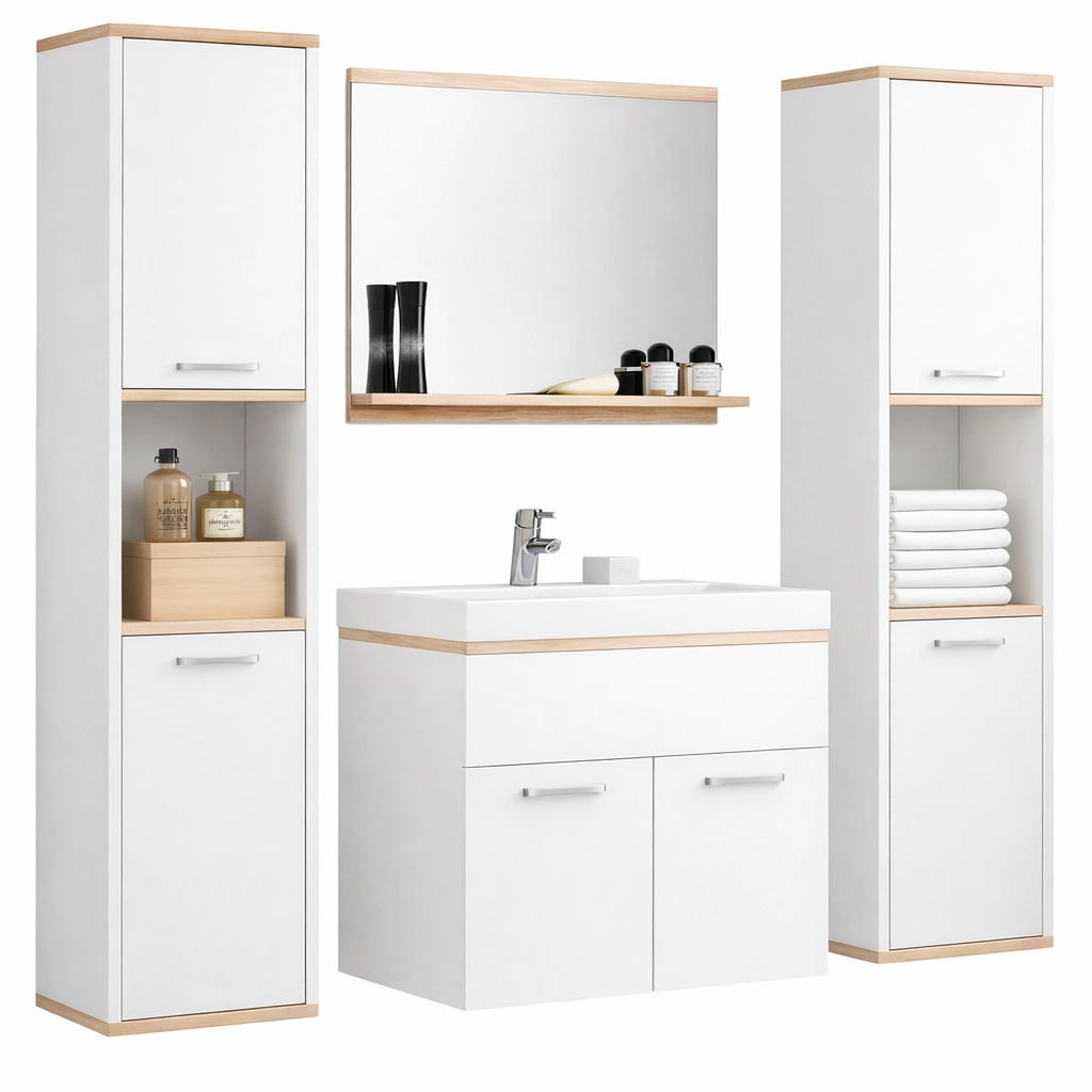 Ensemble salle bain blanc meuble lavabo miroir colonnes-Rovtrix