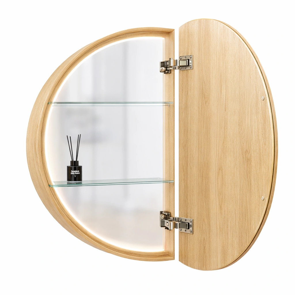 Armoire miroir ronde etageres verre rangement mural-Rovtrix