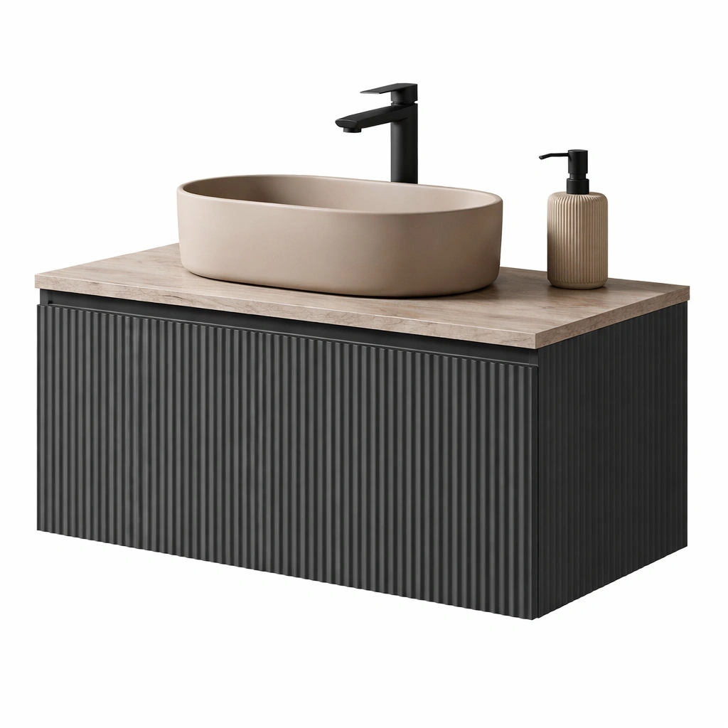 Meuble salle bain lavabo pose noir facade relief-Rovtrix