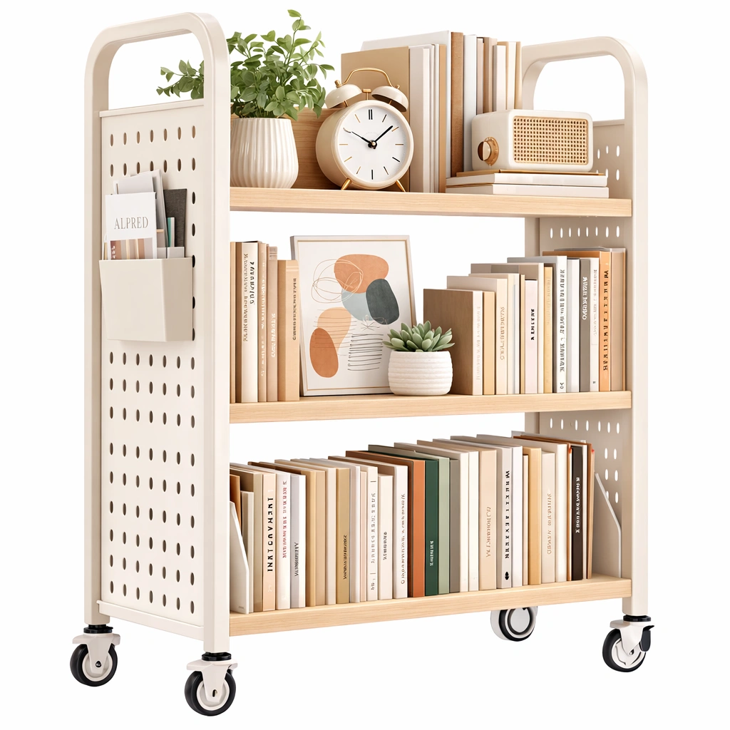 Bibliotheque mobile etageres bois metal roulettes-Rovtrix