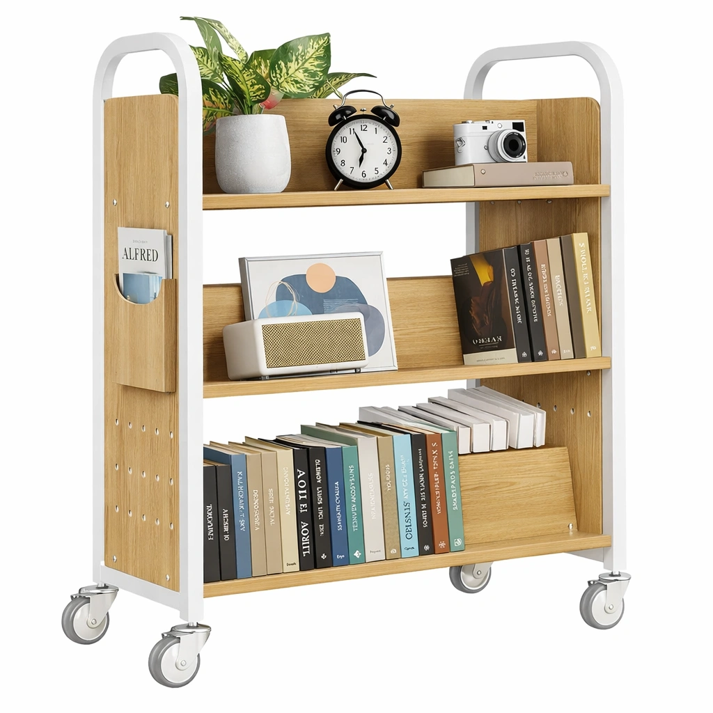 Bibliotheque mobile etageres bois metal roulettes design-Rovtrix