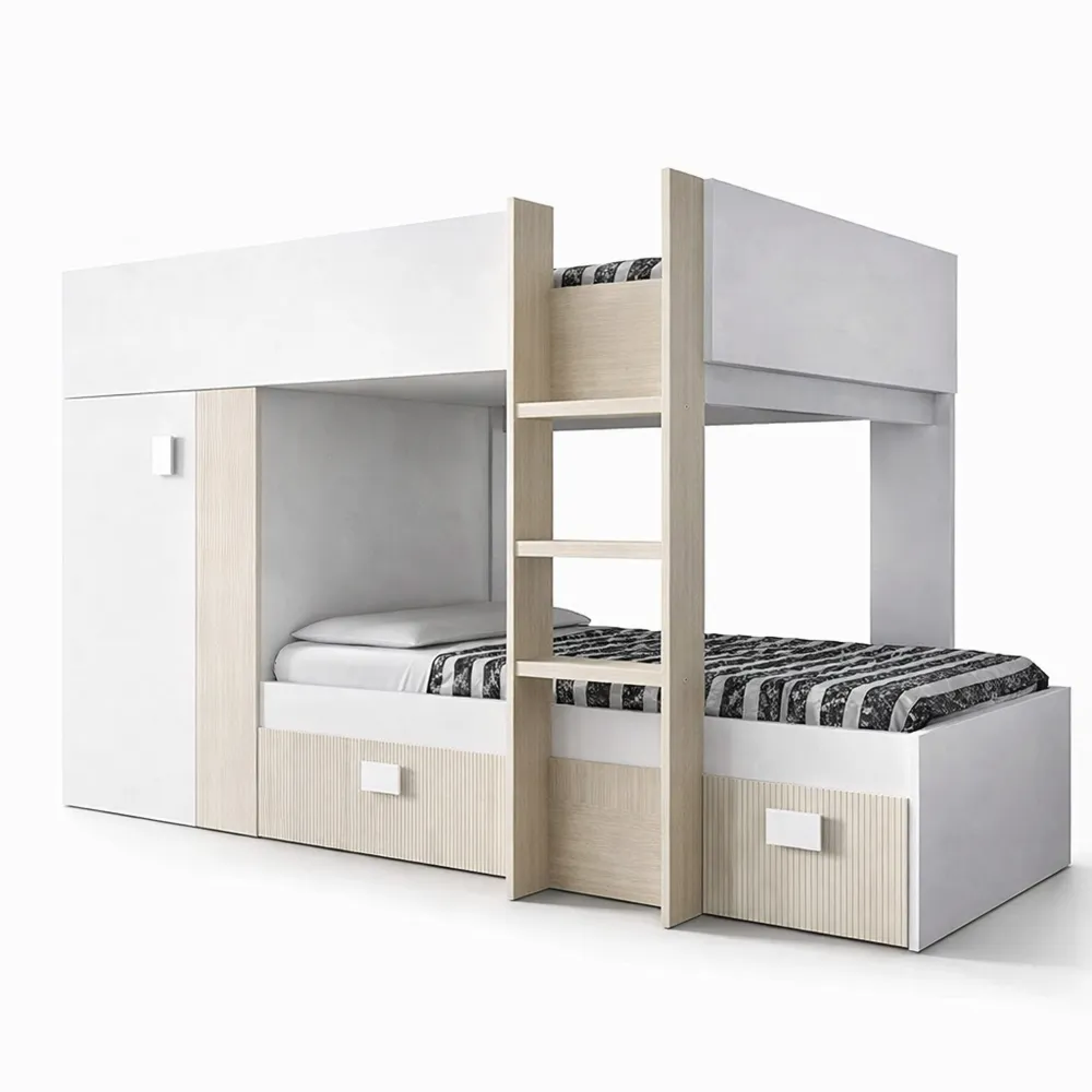Letto a castello per bambini con armadio e cassetti, bianco e rovere