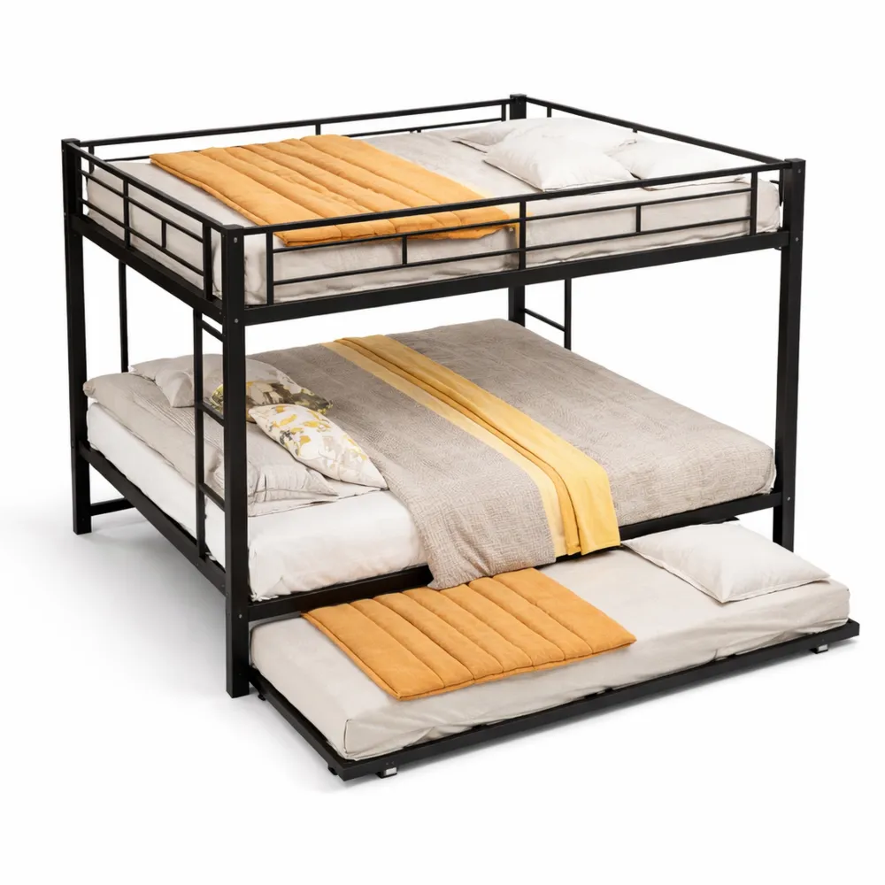Letto a castello in ferro nero con letto estraibile e ringhiera alta