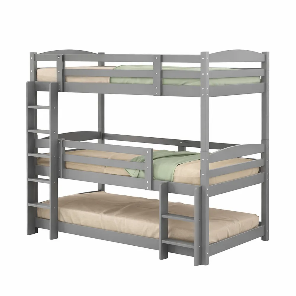 Letto a castello in legno a 3 livelli per bambini, grigio