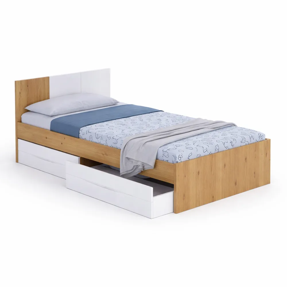 Letto singolo per bambini con contenitore e testiera, 2 cassetti, 196x97h77 cm, Rovere e Bianco