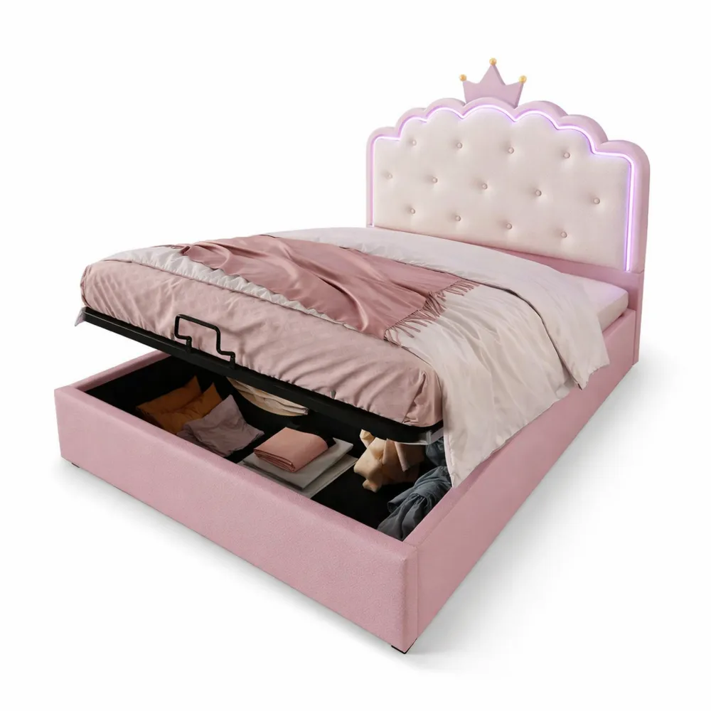 Letto per bambini 140 x 200 cm con contenitore e luce LED, struttura ergonomica senza materasso, rosa