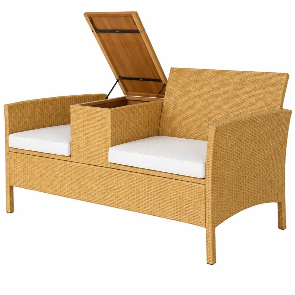 Panchina da Giardino per 2 Persone in Rattan con Tavolino Ribaltabile e Spazio Nascosto