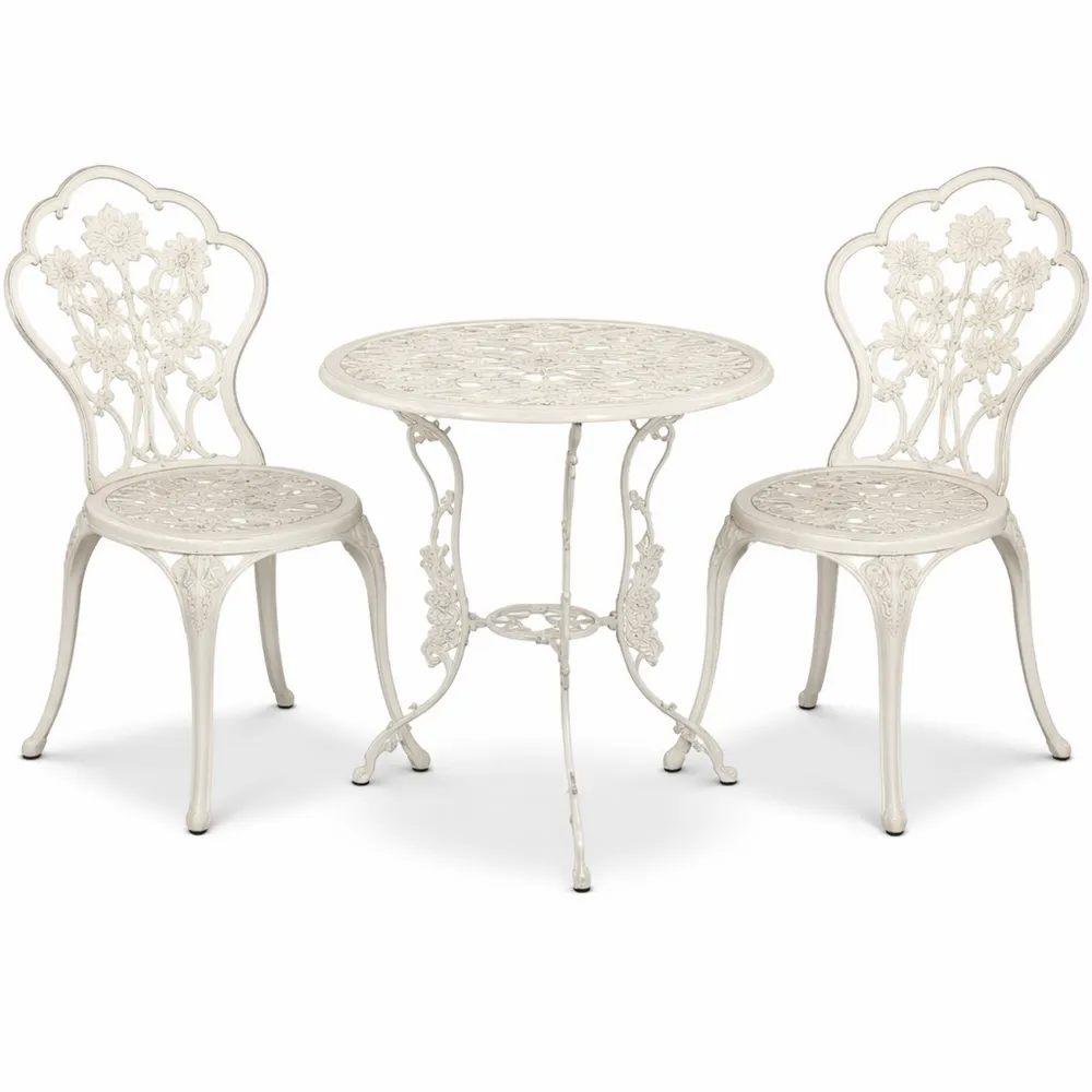 Set bistro da giardino in stile ferro battuto, 3 pezzi, bianco bronzo