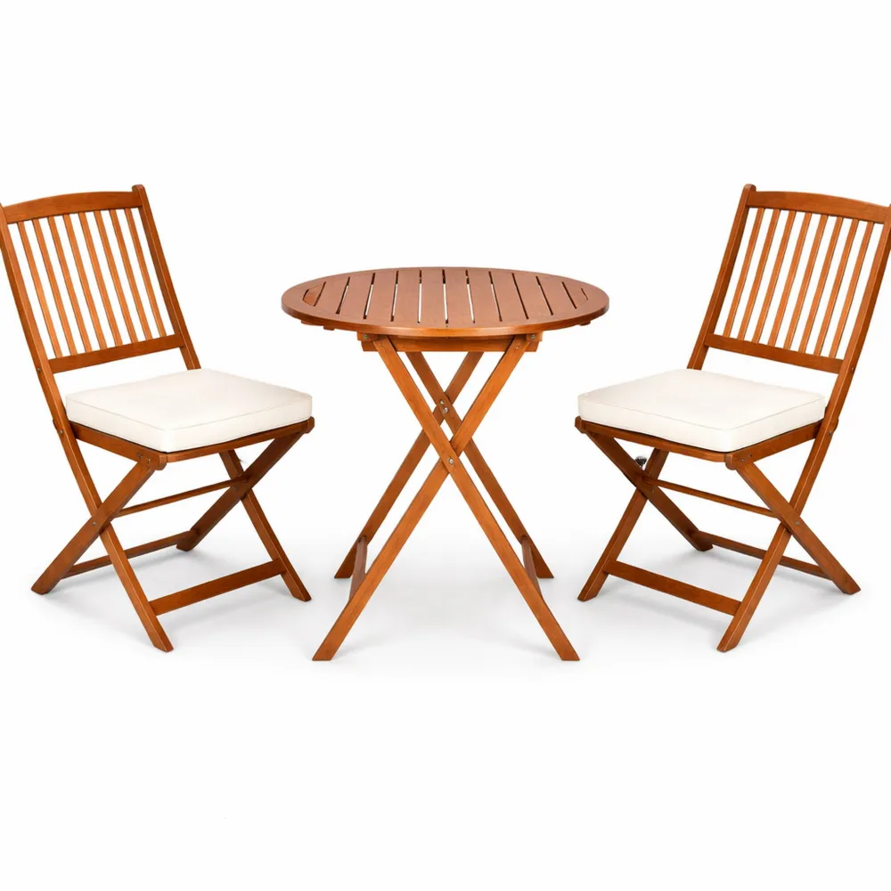 Set Bistro da Giardino Pieghevole 3 Pezzi in Legno di Acacia con Cuscino