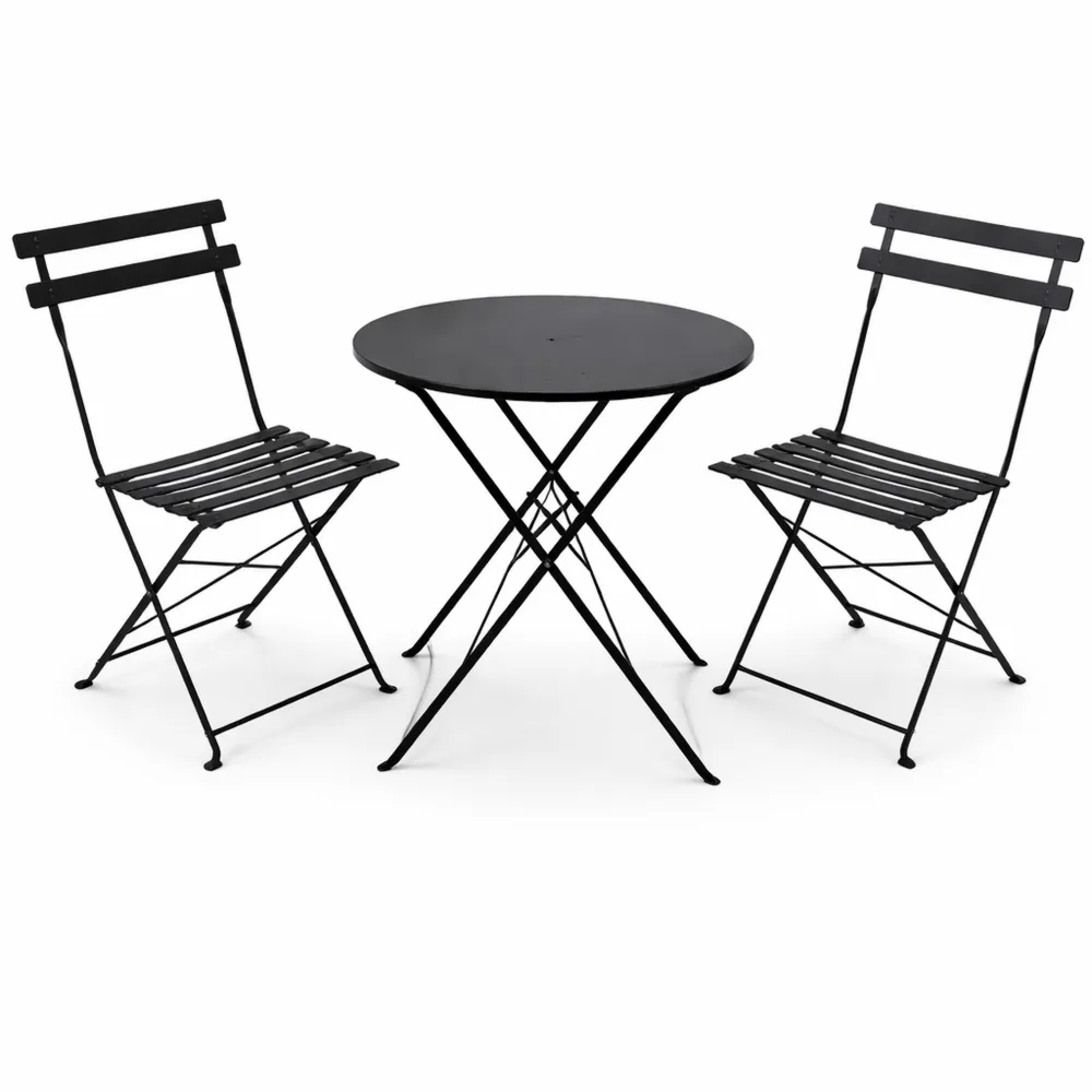 Set arredo esterno in acciaio per 2 persone, con tavolino rotondo e sedie pieghevoli