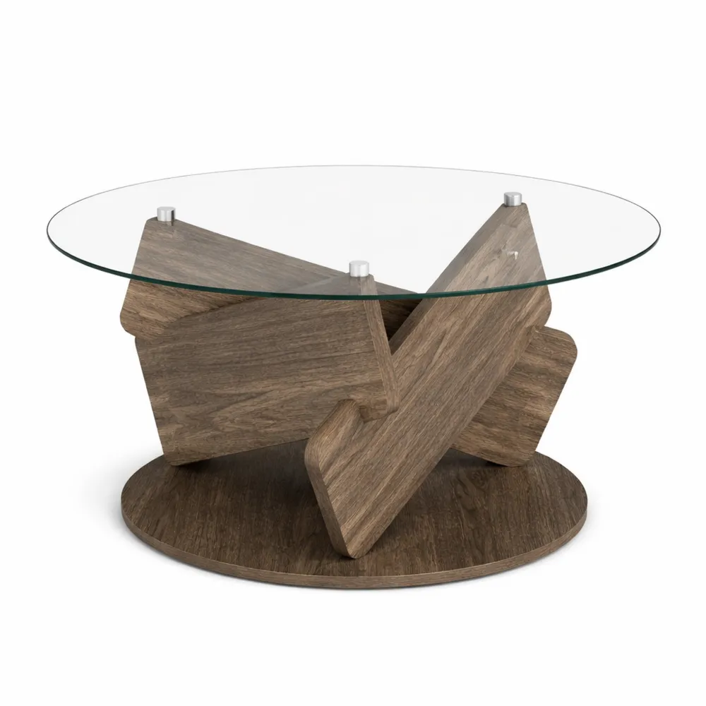 Tavolino Rotondo in Vetro Temperato con Base in Legno e Piedini Antiscivolo