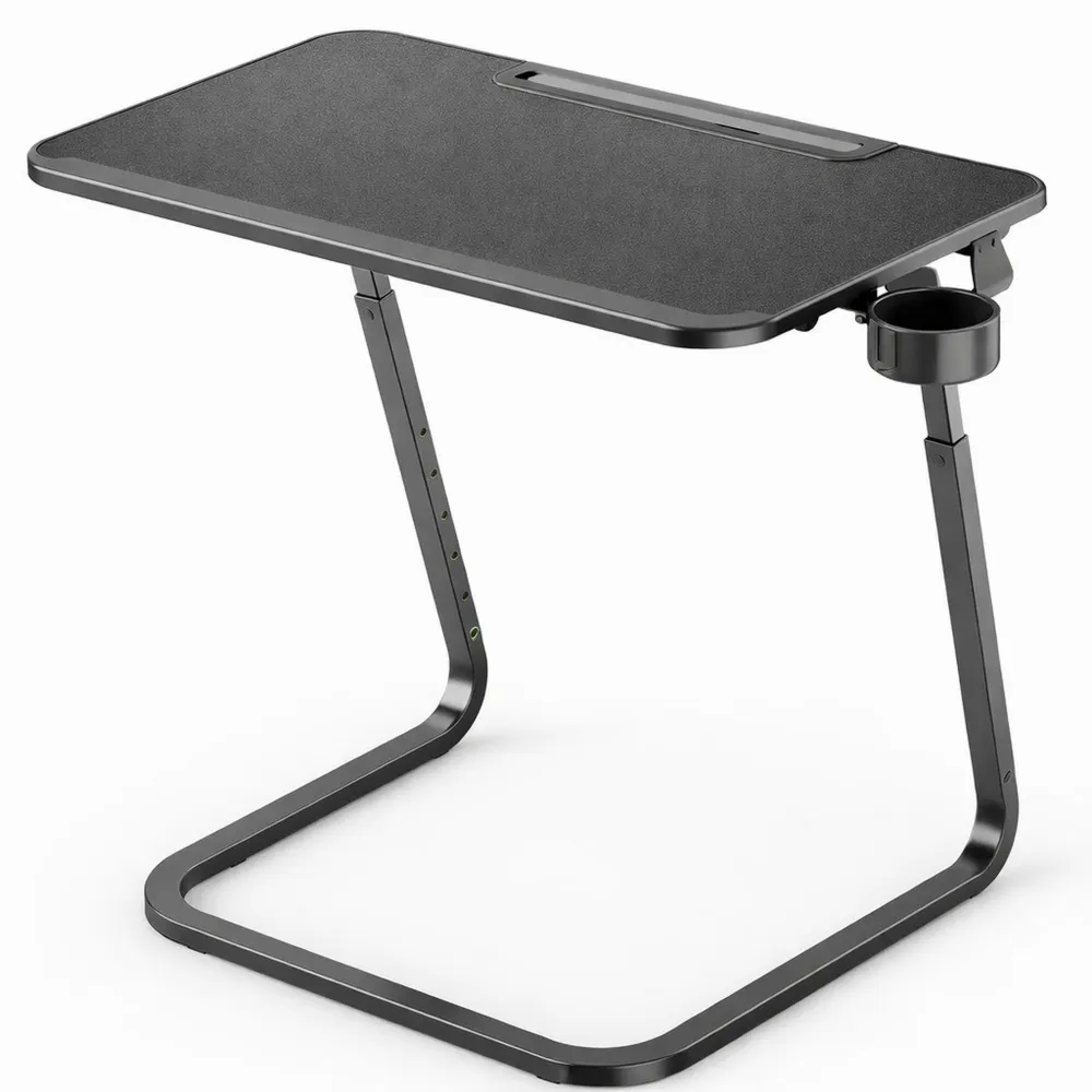 Tavolino Laterale Regolabile con Slot per Tablet e Portabicchieri, Gambe a U Stabili, 55x39 cm