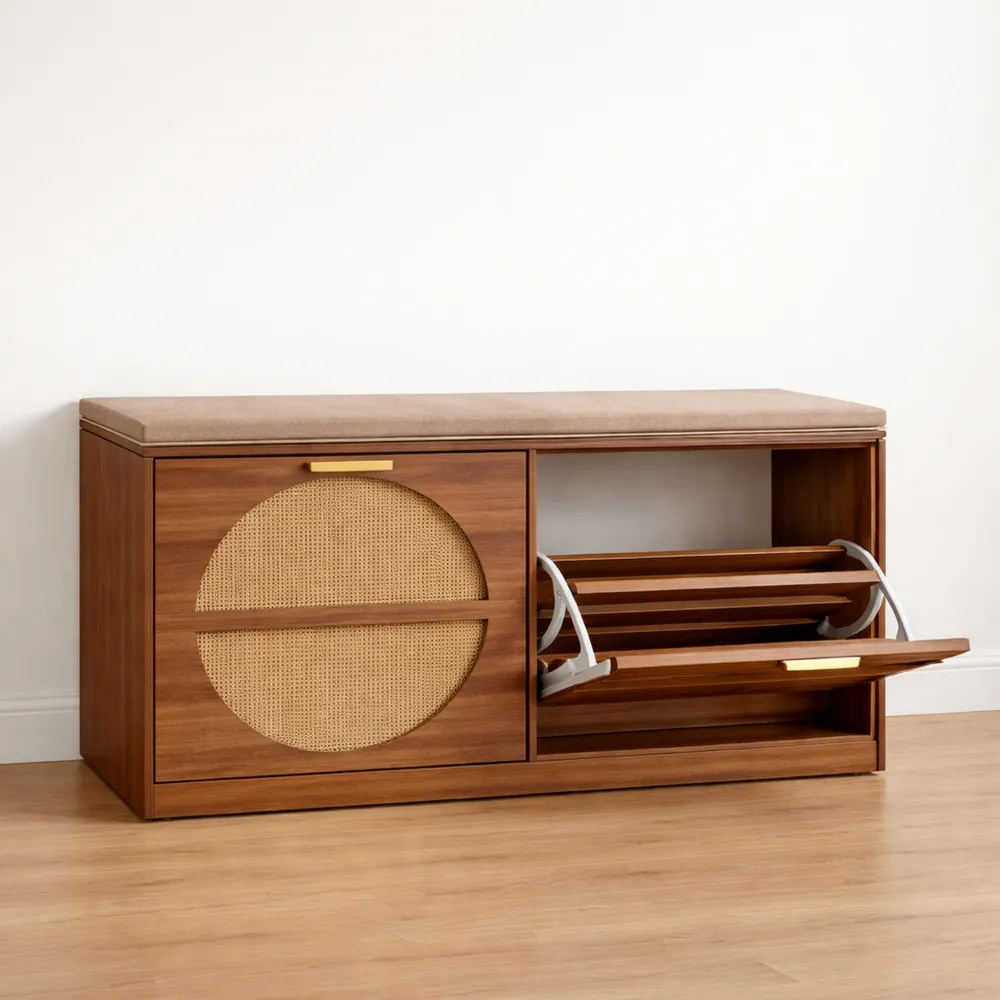 Panca portascarpe stile rattan con cuscini e 4 scomparti