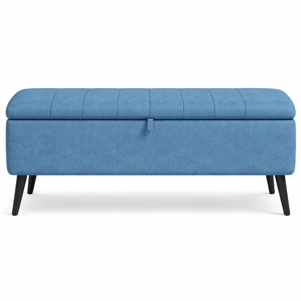 Panca Contenitore Rettangolare con Seduta Imbottita in Tessuto Lino per Interni, 102x40x44 cm, Blu Scuro